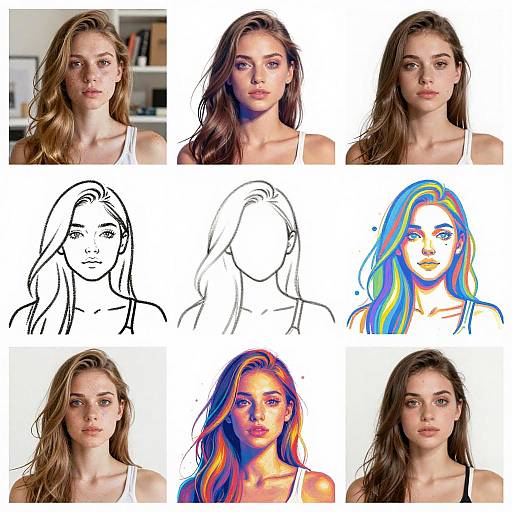 Photographic collage of six different portraits of a young woman with long brown hair, in various styles and colors: realistic, sketch, and vibrant digital art