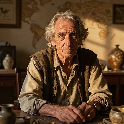Photograph of an elderly man with wavy gray hair, wearing a beige shirt and brown vest, sitting in a sunlit room, with a world