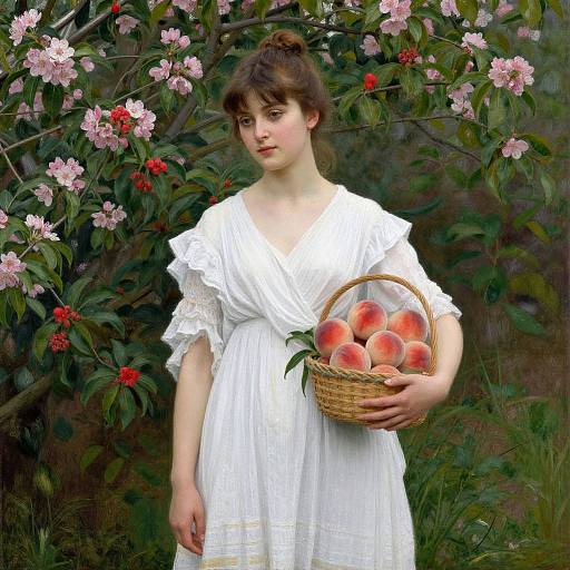 Young woman with fair skin, brown hair in bun, wearing white lace dress, holding basket of peaches, stands in lush garden with pink flowers and