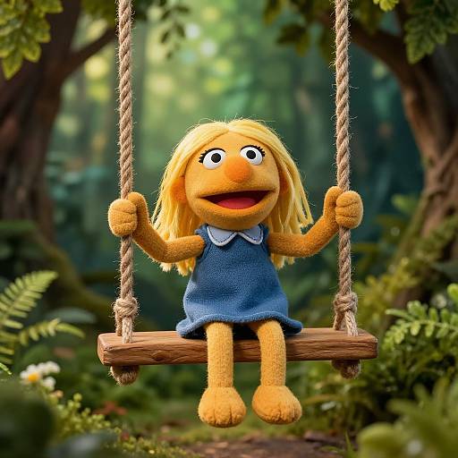 Photograph of Elmo-like yellow puppet with long blonde hair, blue dress, sitting on wooden swing in lush, green forest.