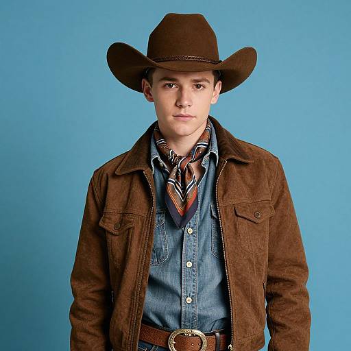 Young boy in brown cowboy hat, denim shirt, plaid scarf, brown jacket, and belt, against bright blue background. Photographic portrait.