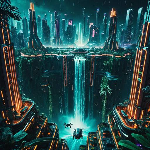 Futuristic Neon Jungle Metropolis with Waterfall