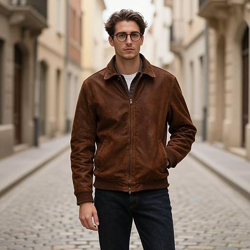 Photograph of a handsome man with dark hair, glasses, brown leather jacket, white shirt, black pants, standing on a cobblestone street in
