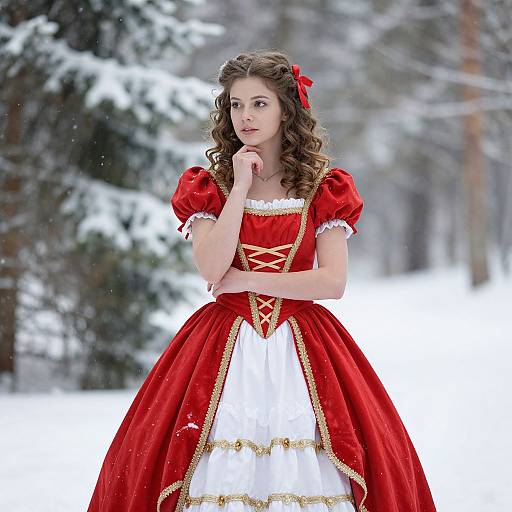 Photograph of a fair-skinned woman with curly brown hair, wearing a red and white Victorian-style dress, standing in a snowy forest.