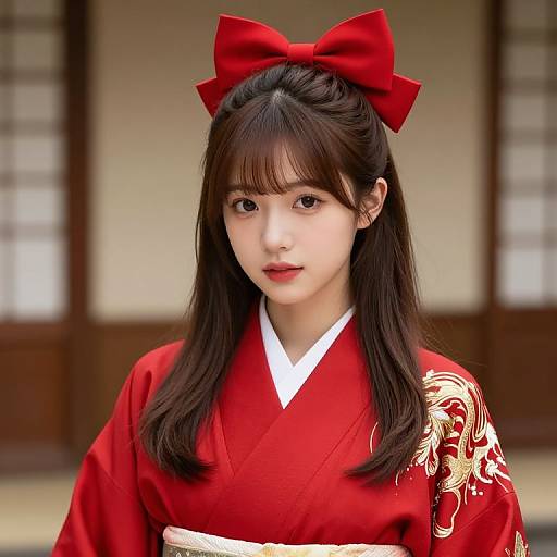 Asian Girl in Red Embroidered Kimono