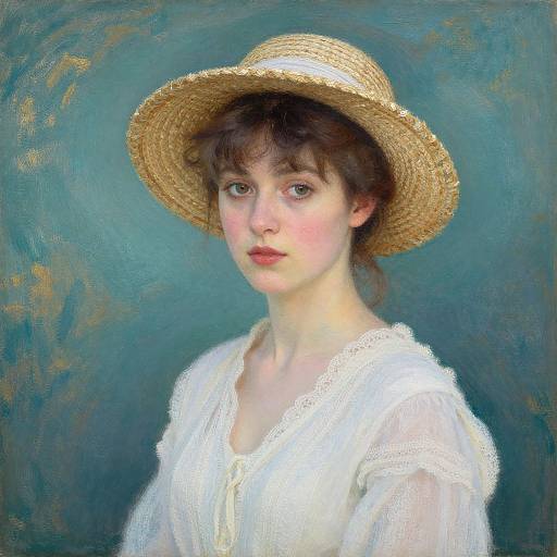 Oil painting of a young woman with fair skin, brown hair, and blue eyes, wearing a straw hat and white lace blouse, against a teal background