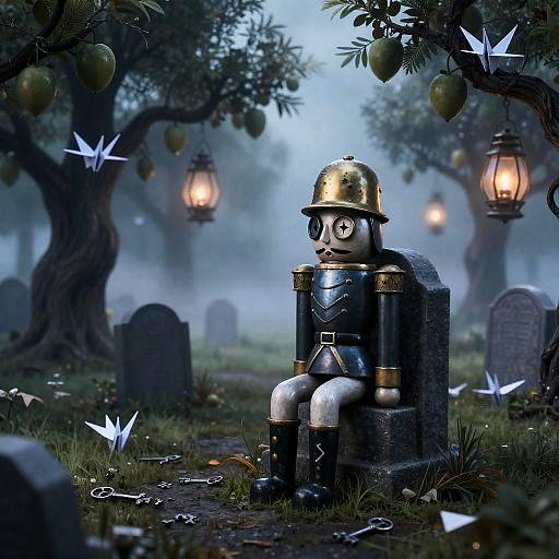 Melancholy Tin Soldier on Crooked Gravestone