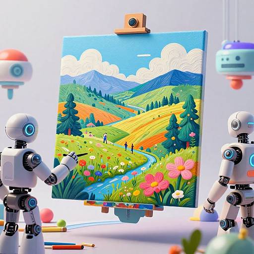 Photograph of three white robotic figures painting a vibrant, colorful landscape painting with mountains, flowers, and a winding river.