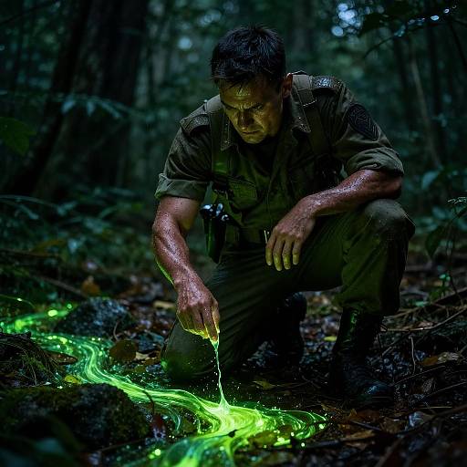 Photograph of a sweaty, dark-haired man in forest, crouching, touching glowing green liquid on forest floor, illuminated by bioluminescence