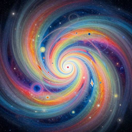 Vibrant digital art of a colorful spiral galaxy with swirling rainbow-like arms, stars, planets, and a bright central white core.