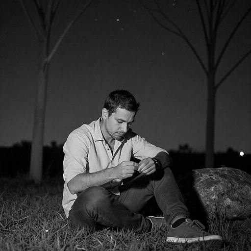 Man Sitting on Grass at Night