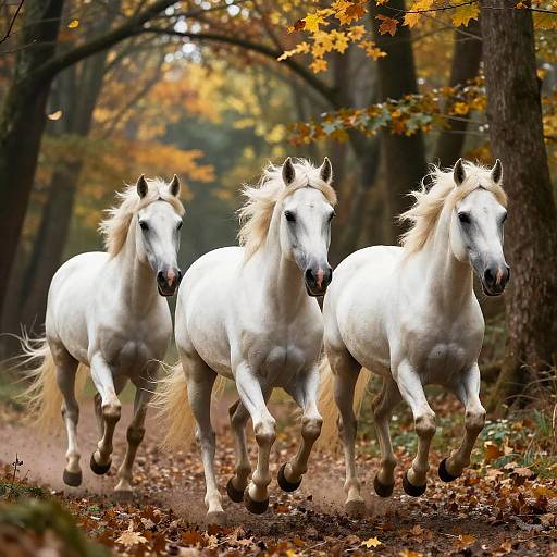 White Horses in Magical Autumn Forest