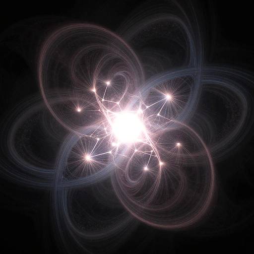 Digital art of a bright white starburst at the center, surrounded by overlapping, glowing, circular light trails against a dark background.