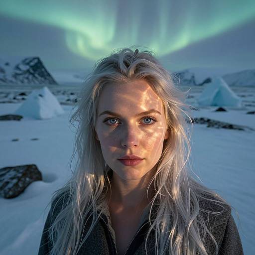 Photograph of a blonde woman with blue eyes standing in a snowy Arctic landscape, illuminated by vibrant green auroras in the night sky.