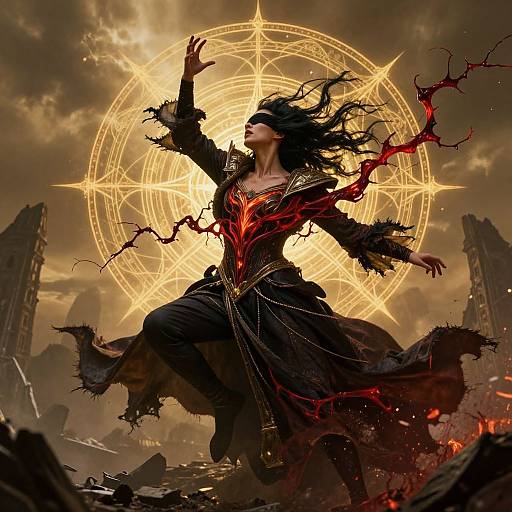 Digital artwork of a dark-clad, black-haired woman with glowing red chest armor, wielding power, against a golden magical circle backdrop. Broken stone ruins