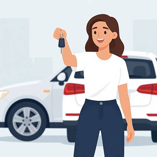 Digital illustration of a smiling woman with brown hair, white shirt, and blue jeans, holding car keys, standing in front of a white car.