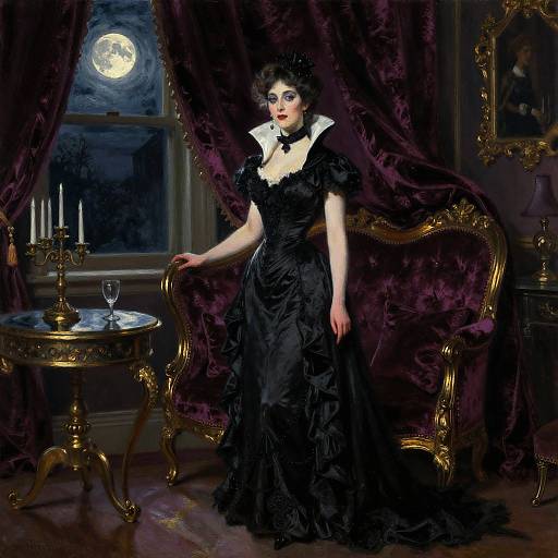 Victorian-era woman in black lace dress with white ruffled collar, standing beside ornate gold chair, moonlit window, candles, and purple dr