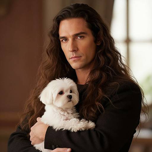Photograph of a handsome man with long, wavy brown hair, holding a small white fluffy dog, wearing a black shirt, in a softly lit