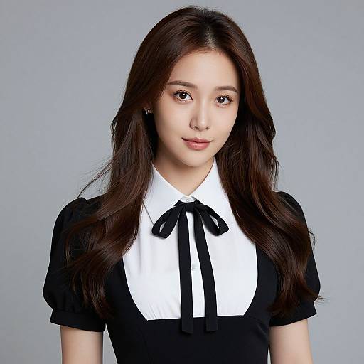 Photograph of an East Asian woman with long, wavy black hair, wearing a black and white blouse with a black ribbon tie, against a plain