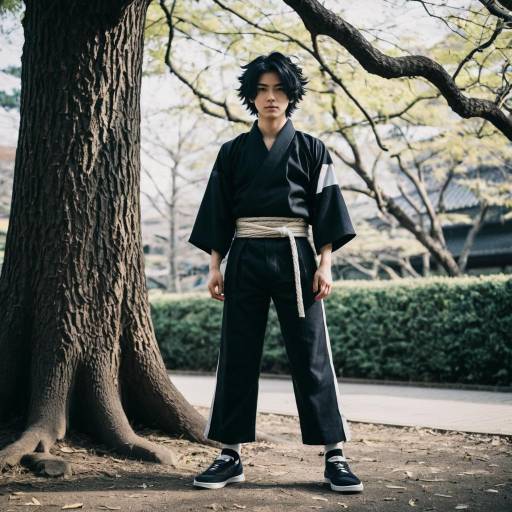 Young man in modern kimono outdoors