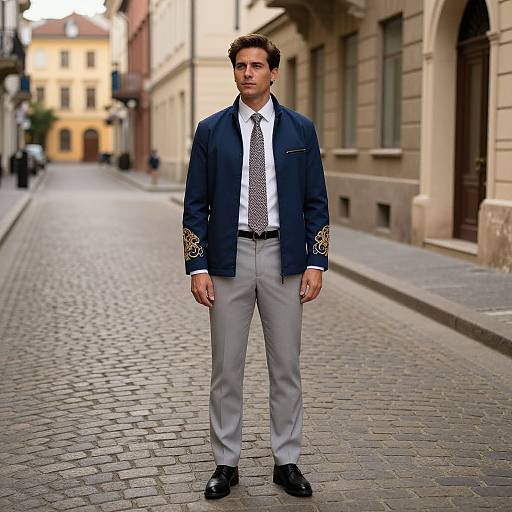 Photograph of a young man standing on a cobblestone street, wearing a navy blazer with gold embroidery, white shirt, patterned tie,