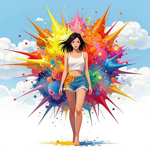 Digital illustration of a black-haired woman in a white tank top and denim shorts, standing confidently with a vibrant, colorful splatter background against a blue sky
