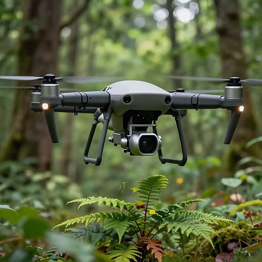 Photograph of a sleek, black drone with a camera mounted on its underside, hovering above lush green ferns in a dense forest. Soft, natural