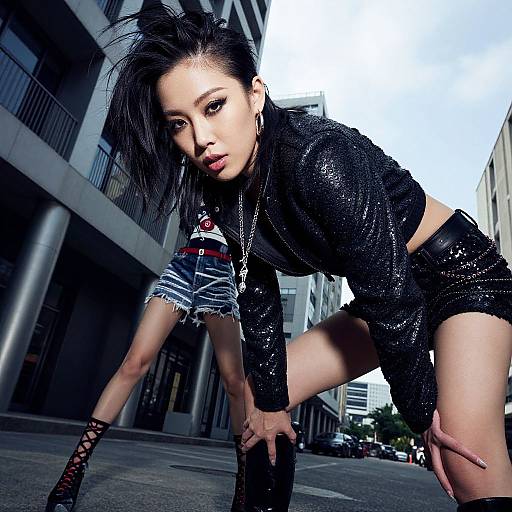 Photograph of an Asian woman with black spiky hair, wearing a glittery black jacket, denim shorts, and lace-up boots, leaning forward in
