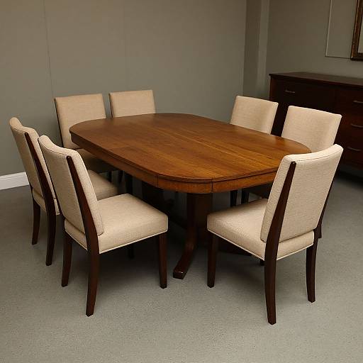 Photograph of a wooden oval dining table with six beige upholstered chairs, set in a minimalist room with gray walls and a dark wooden cabinet.