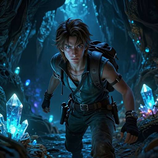 Digital artwork of a determined, brown-haired, young man with intense blue eyes, wearing a rugged, dark outfit, crouching in a glowing blue