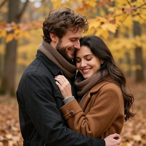 Photograph of a smiling couple embracing in an autumn forest, wearing black and brown coats with cozy scarves, surrounded by yellow leaves.