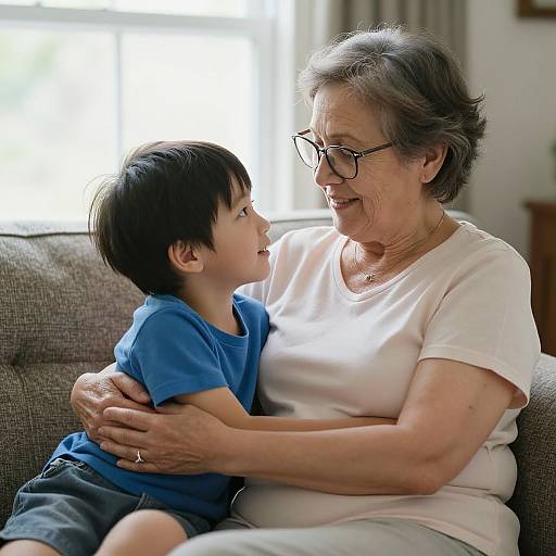 Elderly Woman and Grandson Sharing Warm Moment
