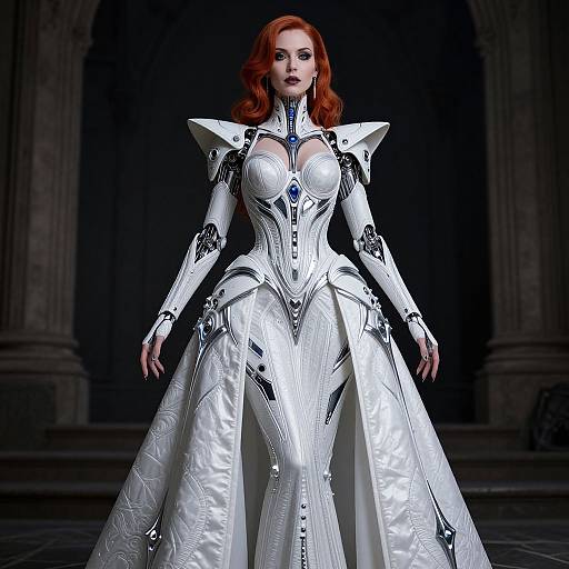 Photograph of a red-haired woman in a white, intricately detailed, sci-fi fantasy gown with metallic accents, standing in a dark, architectural background