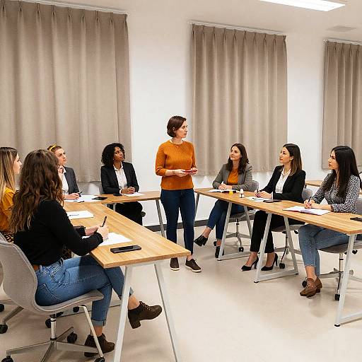 Facilitator in Orange Sweater Leading Discussion