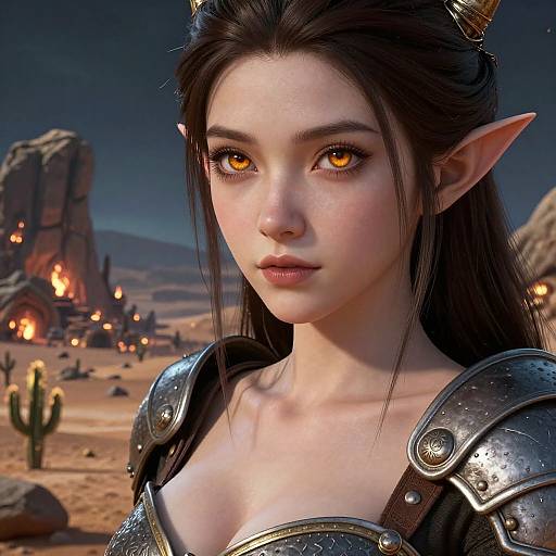 Digital CGI portrait of an elven woman with glowing orange eyes, long dark hair, pointed ears, and metallic armor, set in a desert with burning