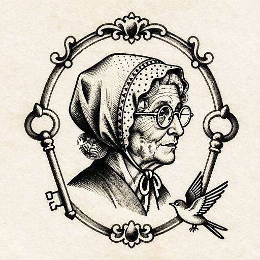 Vintage Monochrome Elderly Woman Tattoo