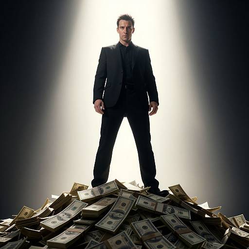 Photograph of a serious, dark-haired man in a black suit standing confidently on a pile of scattered, overflowing money. Bright white background highlights him against