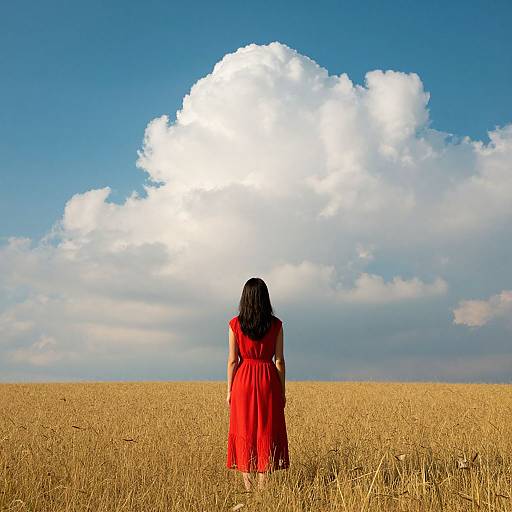 Photograph of a woman in a red dress standing in a golden wheat field, facing a bright blue sky with large white clouds.