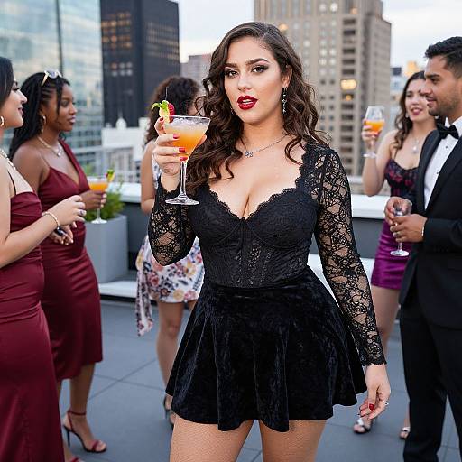 Photograph of a curvy woman with long dark hair, wearing a black lace dress, holding an orange cocktail, standing on a rooftop at a city