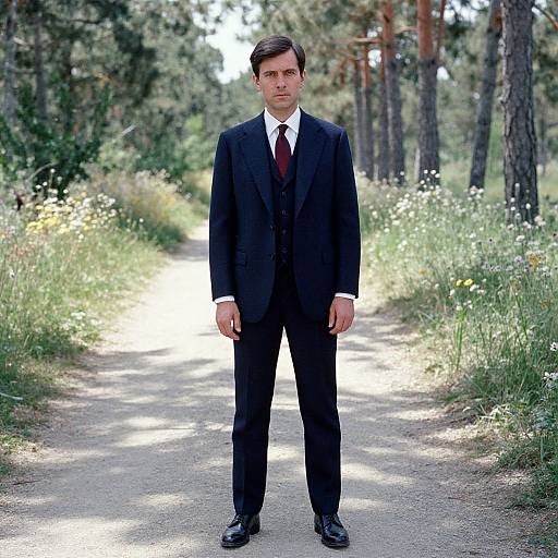 Man in Navy Suit on Woodland Path