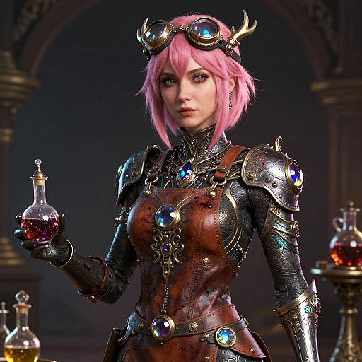 Digital artwork of a pink-haired woman in steampunk armor, holding a flask with liquid, wearing goggles with antlers, in a dimly lit
