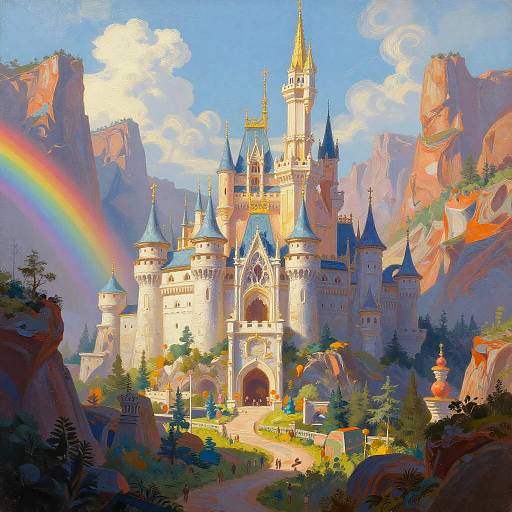 Rainbow-Hued Fantasy Castle Landscape