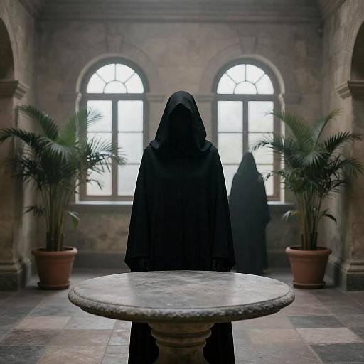 Mysterious Cloaked Figure in Misty Hallway