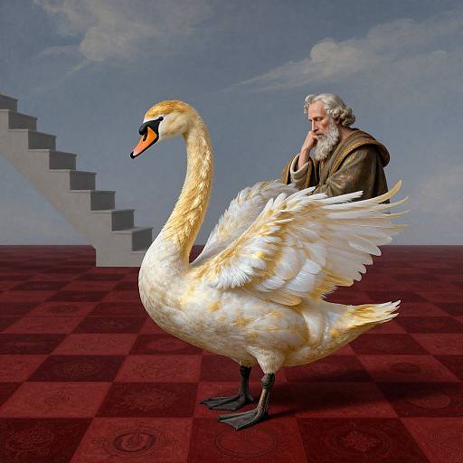 Surreal Golden Swan on Crimson Checkerboard