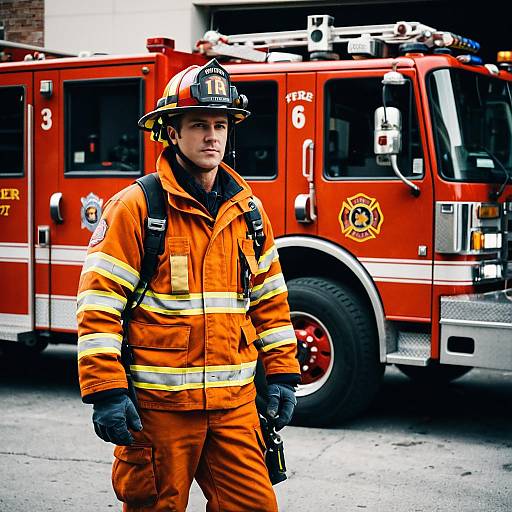 Firefighter Standing by Fire Truck
