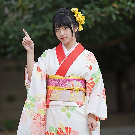 Photograph of an Asian woman with black hair, yellow flower hairpin, wearing a white floral kimono with red and yellow obi, pointing forward