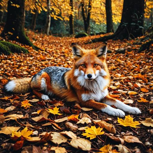 Amber-Eyed Fox Resting on Autumn Forest Floor