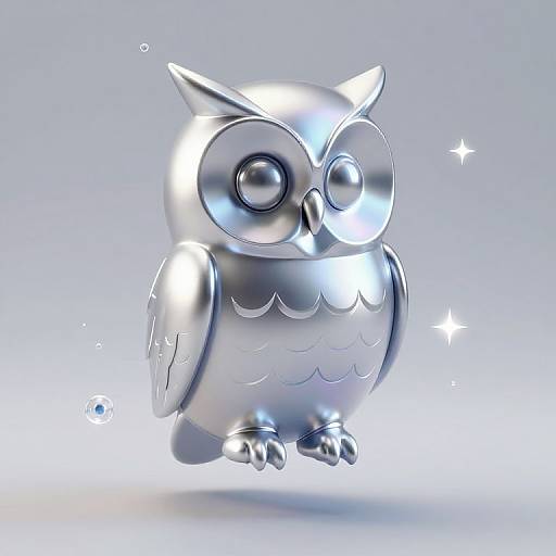 Shiny, silver, 3D, cartoon owl with large, round eyes and simple wings, floating against a gradient blue background with sparkling stars.