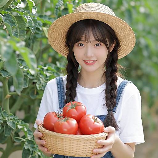 Photograph of an Asian girl with black pigtails, wearing a straw hat and denim overalls, holding a basket of red tomatoes in a lush
