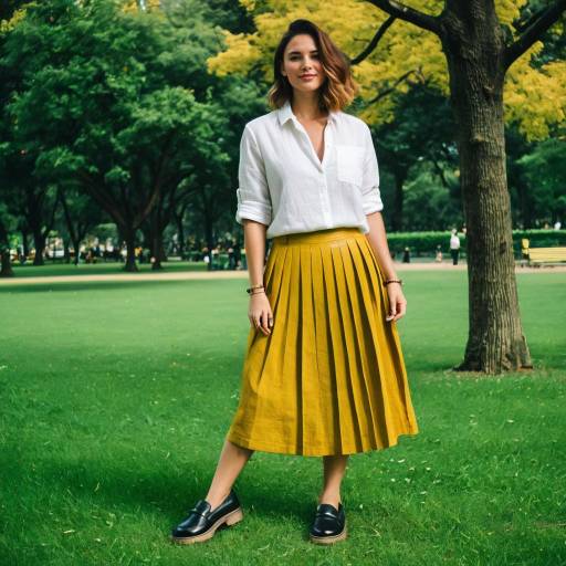 Woman in White Shirt and Mustard Skirt in Park